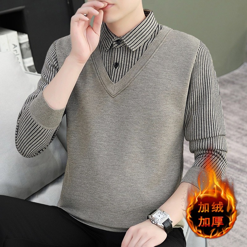 남자 스웨터 가짜 두 조각 가을 겨울 새로운 한국 스타일 LED 니트 스웨터 기모 셔츠 칼라 가을과 겨울 기모 두껍게