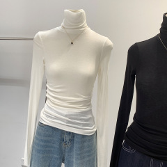 秋冬用テンセルウール肌に優しいソフトなハイネックスリムフィットインナーウェアレディース秋2025薄手Tシャツ