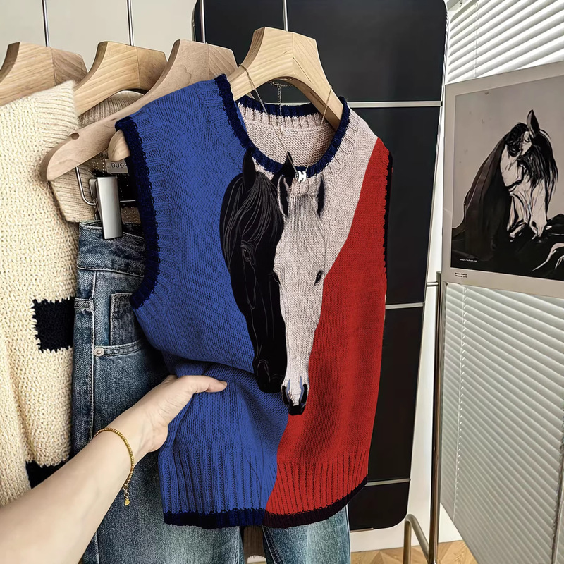 Cross-Border Hot-Selling Horse Head Print Knitted Vest for Women, Retro Equestrian Style Sleeveless Pullover Top, Factory Wholesale Cross-Border Hot-Selling Horse Head Print Knitted Vest for Women, Retro Equestrian Style Sleeveless Pullover Top, Factory Wholesale