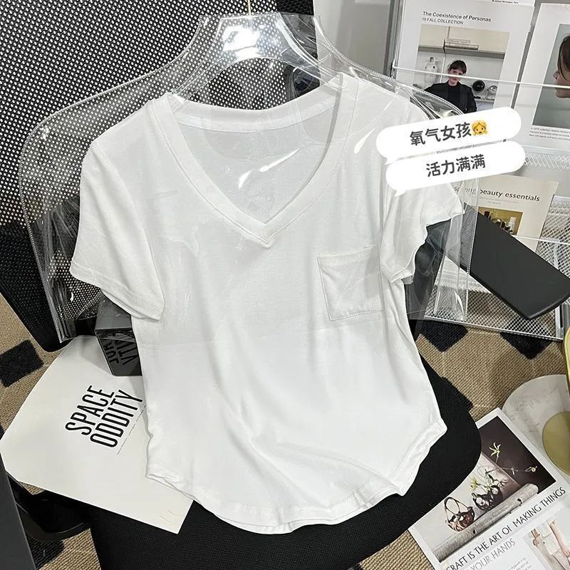 Modal Cotton Draped Collarbone T-shirt Women's Summer White Loose Korean-style Base Shirt Short-sleeved Casual V-neck Top Modal Cotton Draped Collarbone T-shirt Women's Summer White Loose Korean-style Base Shirt Short-sleeved Casual V-neck Top
