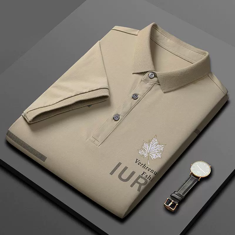 Рубашка поло с принтом из хлопка для мужчин высокого класса легкий бизнес-принт футболка из кленового листа летняя новая футболка с короткими рукавами и лацканами