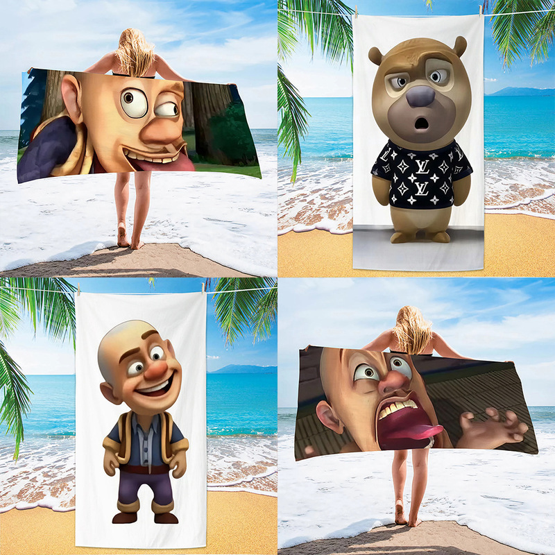 Domestically Popular Funny Abstract Print Bear-Themed Beach Towel for Children, Cartoon Towel, Beach Towel