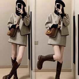 套大码半身裙两件加厚胖mm小香风套装女显瘦高级外套秋冬感短毛呢