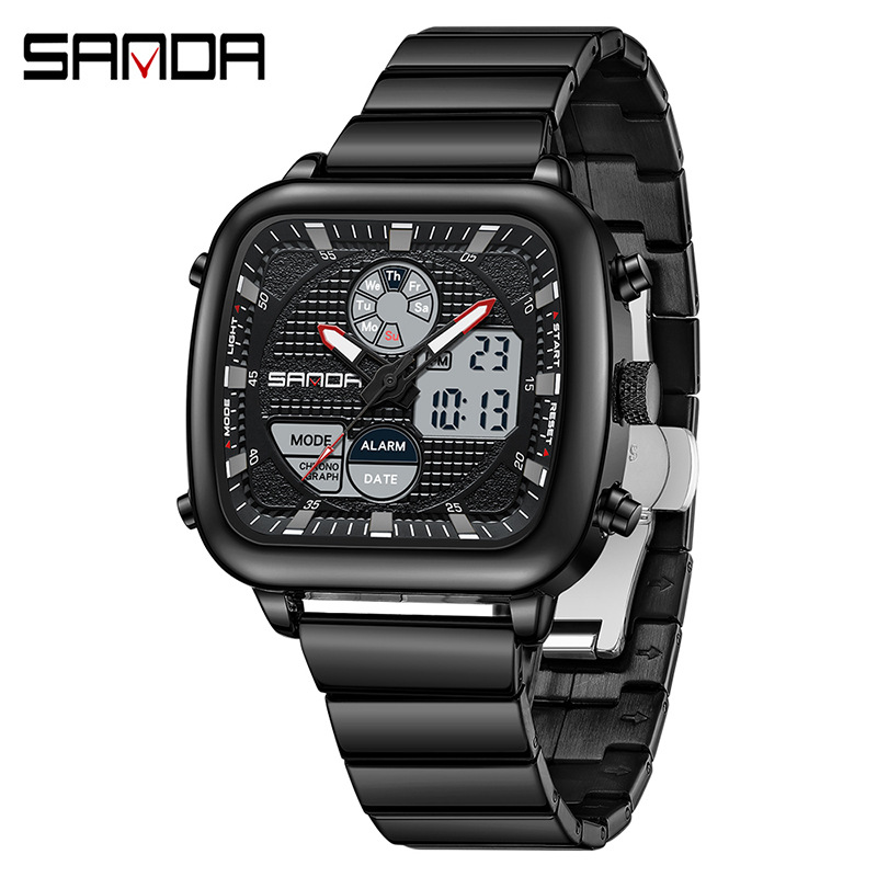 SANDA SANDA 9101 reloj de despertador impermeable para hombres reloj de pulsera clásico de acero cuadrado multifuncional luz nocturna reloj electrónico para hombres