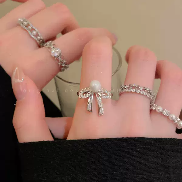 French-Style Pearl Lace Bow Open Ring for Women, Light Luxury Niche Design with a High-End Feel, Gentle and Elegant Index Finger Ring