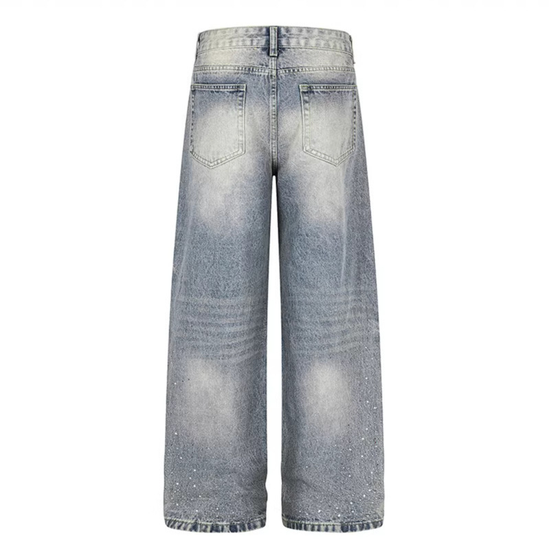 Retro Washed Rhinestone Straight Leg Jeans Loose Fit Casual Versatile Men Women High-End Design Summer Style_mkmklike.com