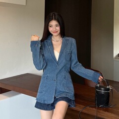 2025秋冬Y新款小胸针装饰翻领休闲百搭胸前字母刺绣口袋牛仔外套