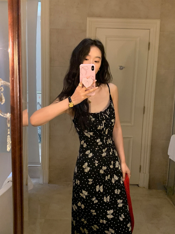 pusumede 法式蝴蝶印花吊带连衣裙女气质碎花裙小众收腰无袖长裙|undefined