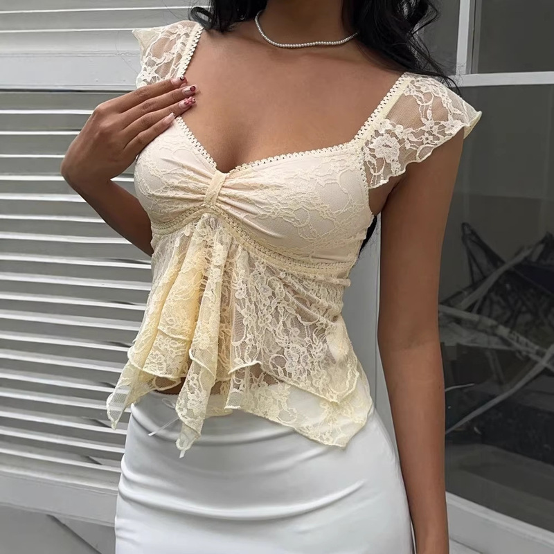 European and American Cross-Border Summer Sexy Fashion Lace V-Neck Ruffled Short Top, French Pure Desire Style Hot Trend