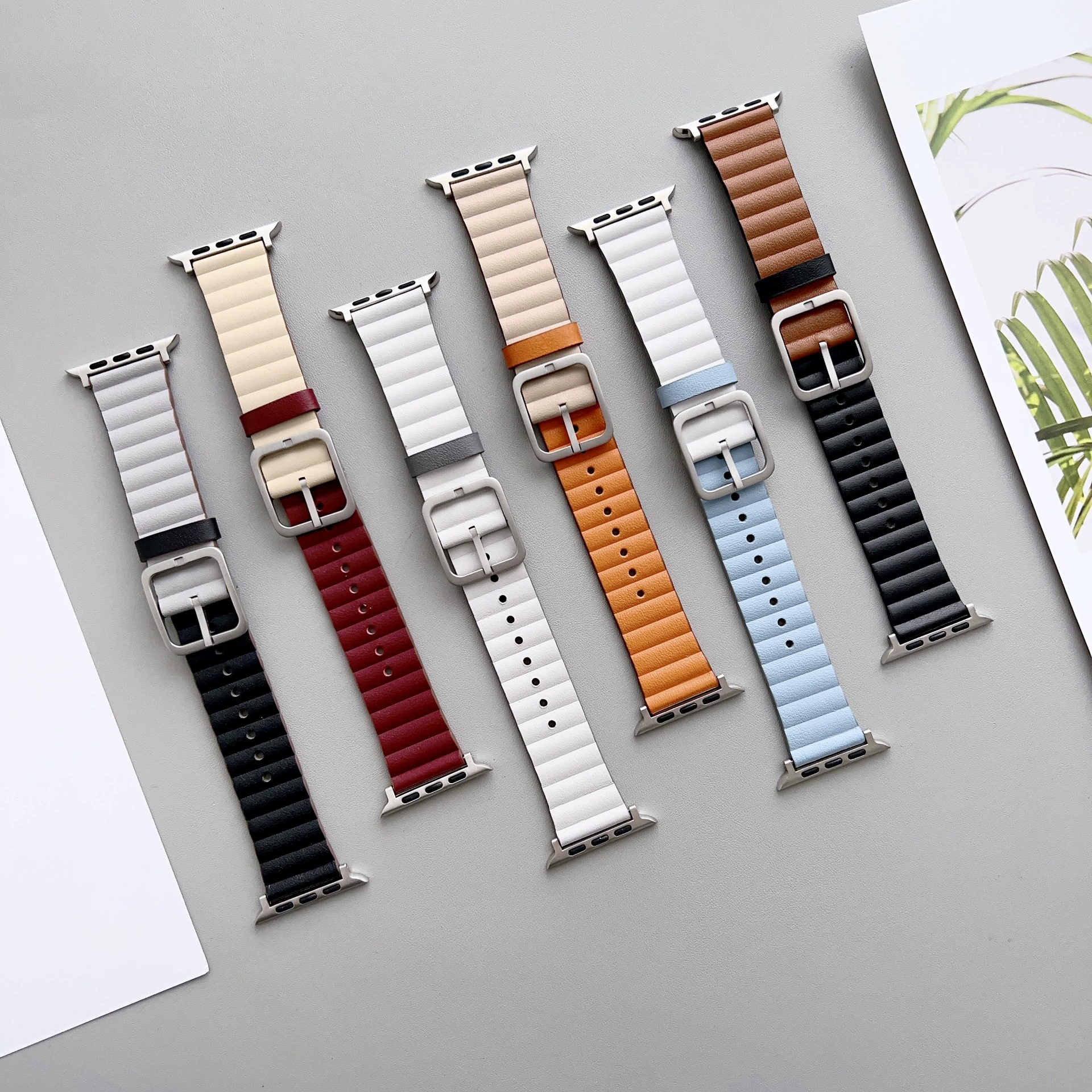 Apple double-sided bamboo watch strap, genuine leather with multiple color configurations