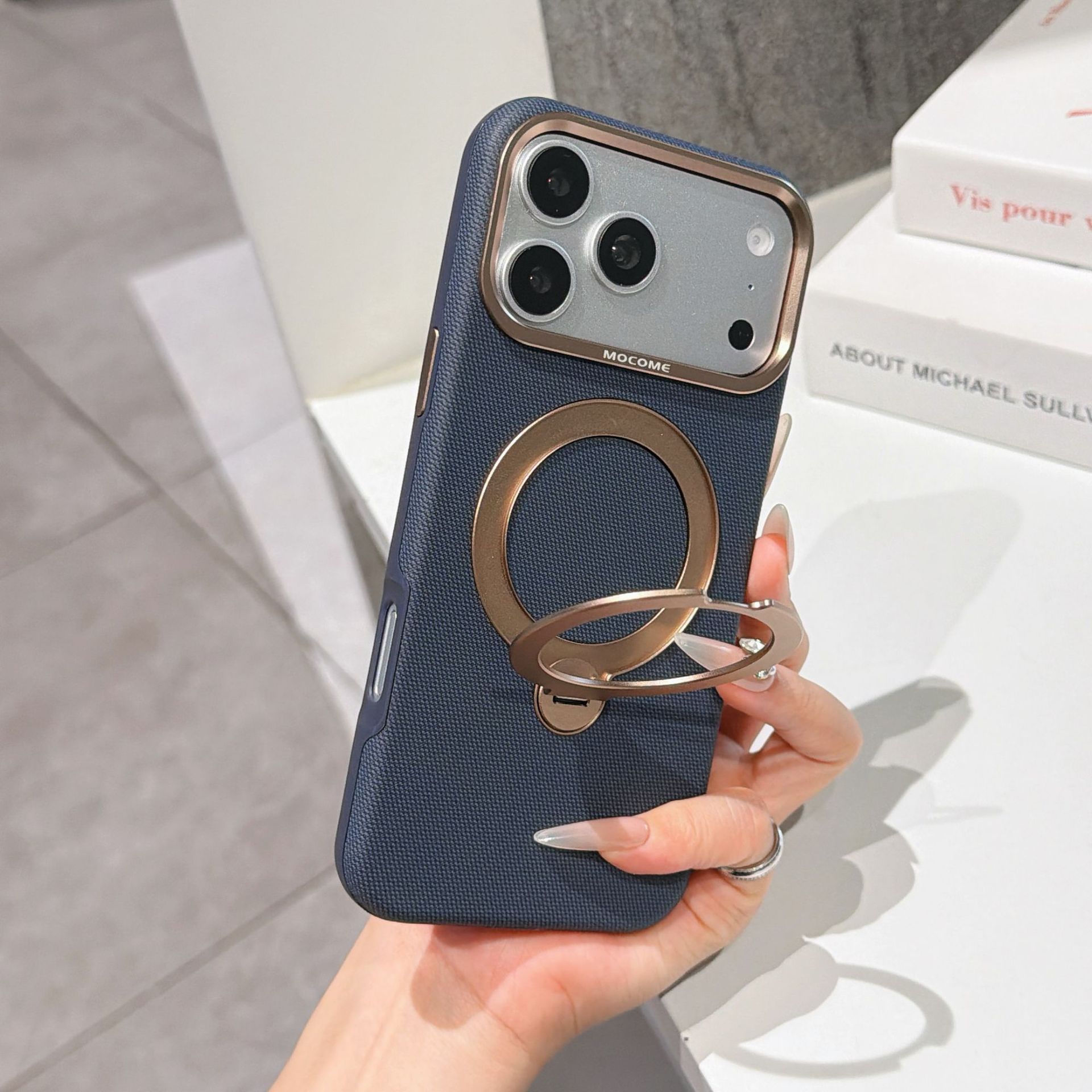 Ốp lưng da iPhone 16/17 Pro Max có vòng xoay 360 độ, nam châm hút, chống sốc viền dày — Đen, Nâu, Tím, Xanh dương chi tiết 9