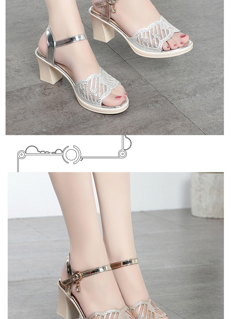 Sandal cao gót nữ hở mũi quai ngang đính đá rhinestone da thật — Màu đen chi tiết 9