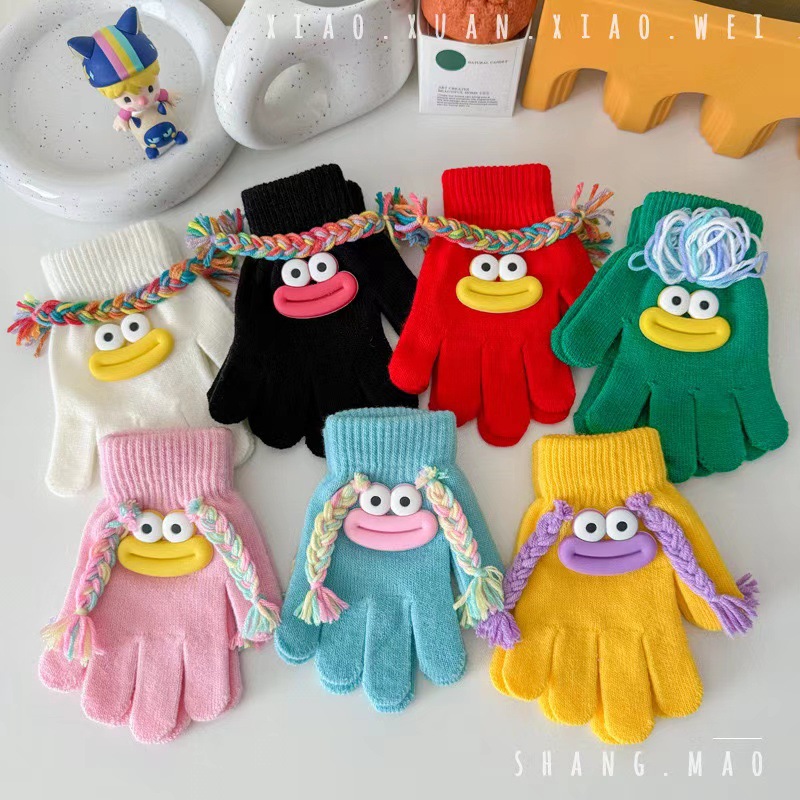 겨울 어린이 장갑 더러운 머리띠 못생긴 큰 입 장갑 개성 소년 소녀 따뜻한 뜨개질 다섯 손가락 두꺼워짐