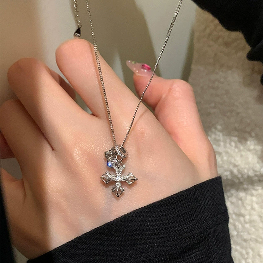 Diamond-Encrusted Cross Vajra Necklace 2026 New Style Light Luxury High-End Niche Design Clavicle Chain Jewelry Customization