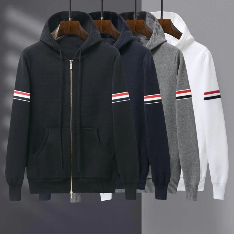 Tb Autumn and Winter Classic Hooded Zipper Men and Women Couple's Same Style Three-Color Stripesd Yarn-Dyed Loose Thickeneded Sweater Jacket
