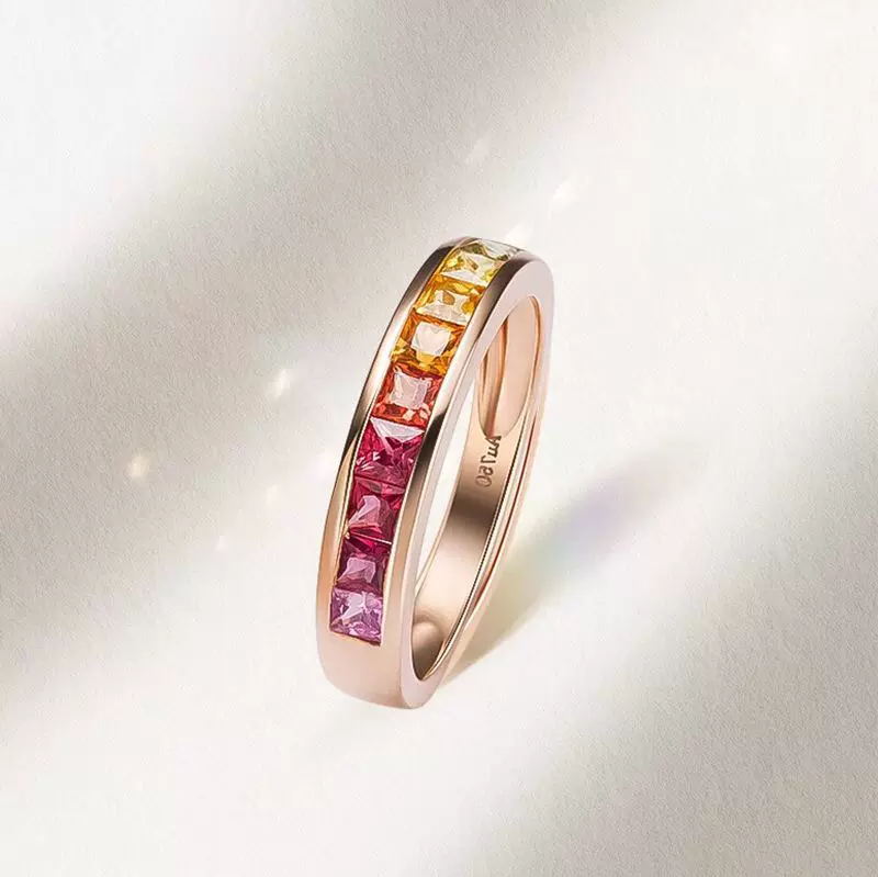 18K金彩虹戒指女镶嵌天然彩色宝石指环au750首饰定制渐变色公主方