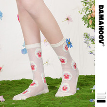 三色堇系列夏季新款女袜子薄款玻璃丝水晶法式复古透气棉质中筒袜