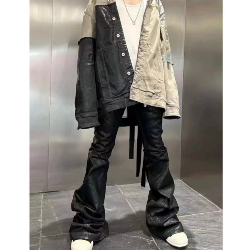Style Coated Brushhed Wax Flutter Micro Flare Jeans