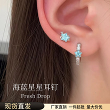 医用钛钢耳钉双耳洞星星蓝色耳圈螺丝拧扣耳骨钉高级感锆石耳环女