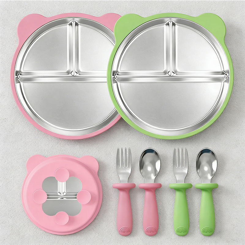 공장 맞춤형 어린이 식기 스테인리스 식판 실리콘 포크와 스푼 흡착식 이유식 그릇 아기 그릇 5종 세트