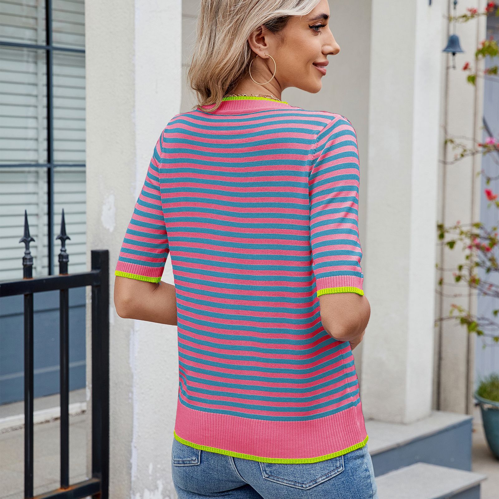 Women Clothing Summer Stripe Knitted T shirt Short Sleeve Ice Silk Contrast Color British College