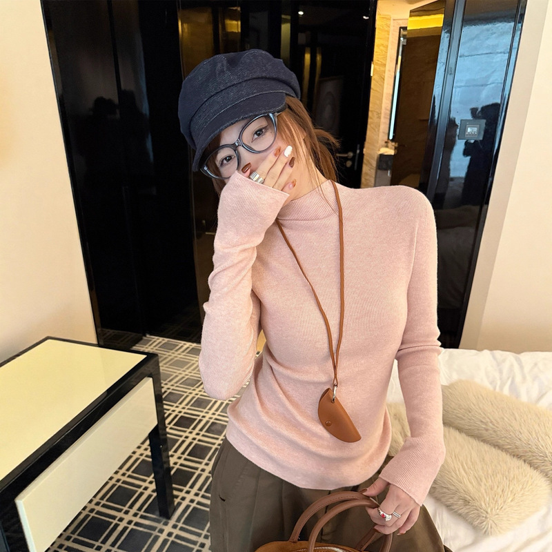 Pink Base Layer Top for Women, Half Turtleneck, 2025 New Seamless Knit Sweater, Inner Layer with a High-End Feel