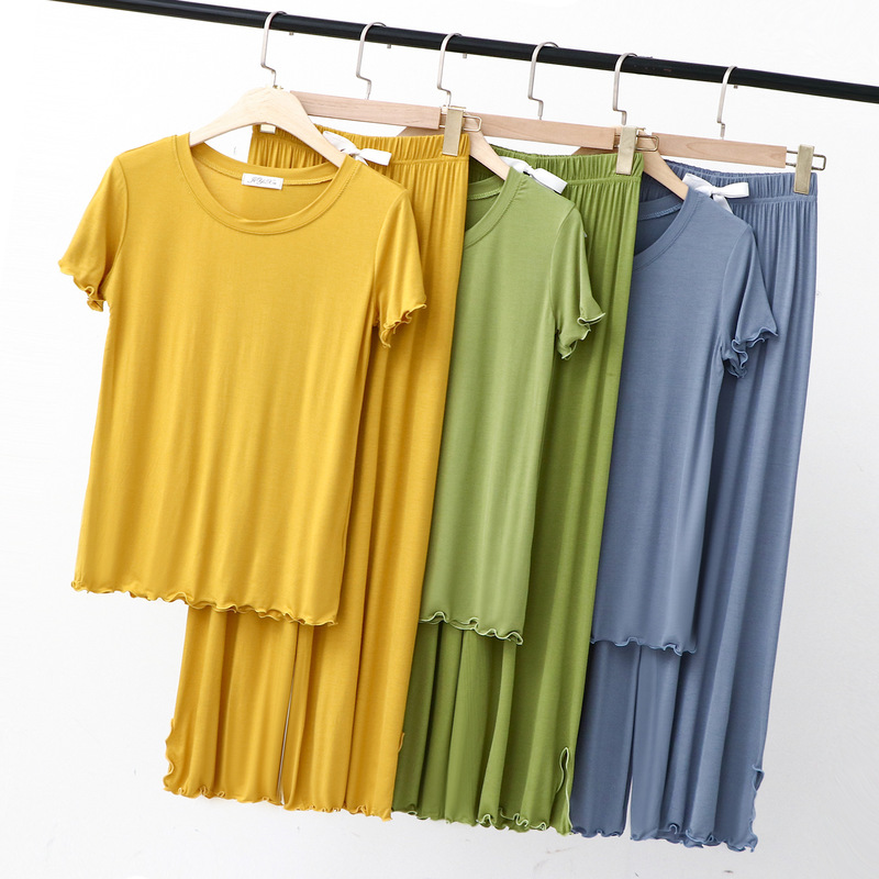 Modal Contrast Color Matching Set Home Clothes Women's Solid Color Spring and Summer Mask t Casual Pants Autumn and Winter Two-piece Pajamas