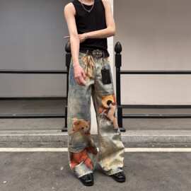 美式复古做旧小熊3D印花设计直筒牛仔裤2026新款男女宽松阔腿长裤