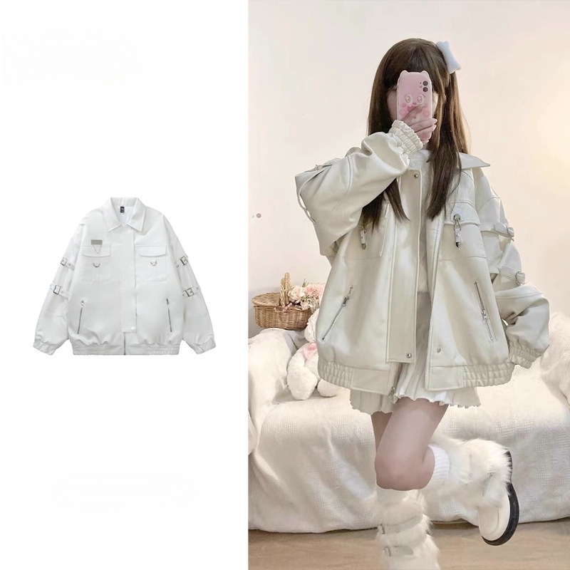 Plus Size Harajuku Style Heart Buckle Patchwork Leather Jacket for Women 2025 Spring and Autumn New Motorcycle Jacket