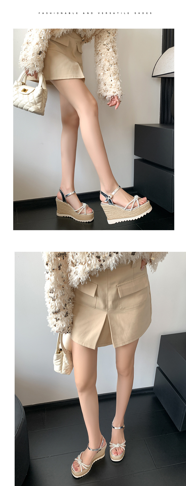 Sandal cao gót nữ hở mũi đính đá pha lê gót nêm đế cói — màu vàng, bạc chi tiết 5