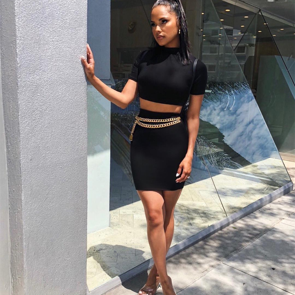 11667 Women's wear sexy Short sleeved T-shirt Navel Two piece set Europe and America Self cultivation Paige Middle-skirt suit