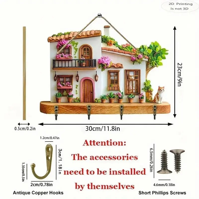 新着カラフルな木製キャビンキーハンガーフラットグラフィックデザインリビングルームの装飾木製置物キーハンガー|undefined