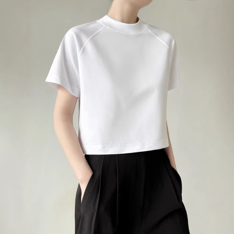 Pre-Sale Short Cropped Raglan Half-High Collar Short-Sleeve T-Shirt, Simple High-Waisted Small Stand-Up Collar Base Shirt, Loose Fit for Outerwear Pre-Sale Short Cropped Raglan Half-High Collar Short-Sleeve T-Shirt, Simple High-Waisted Small Stand-Up Collar Base Shirt, Loose Fit for Outerwear