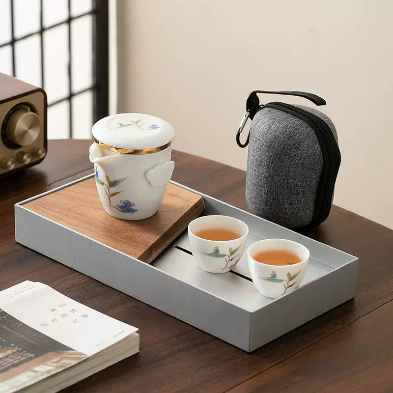 一壶二杯旅行茶具羊脂玉白瓷套装简约快客杯陶瓷便携包礼品户外