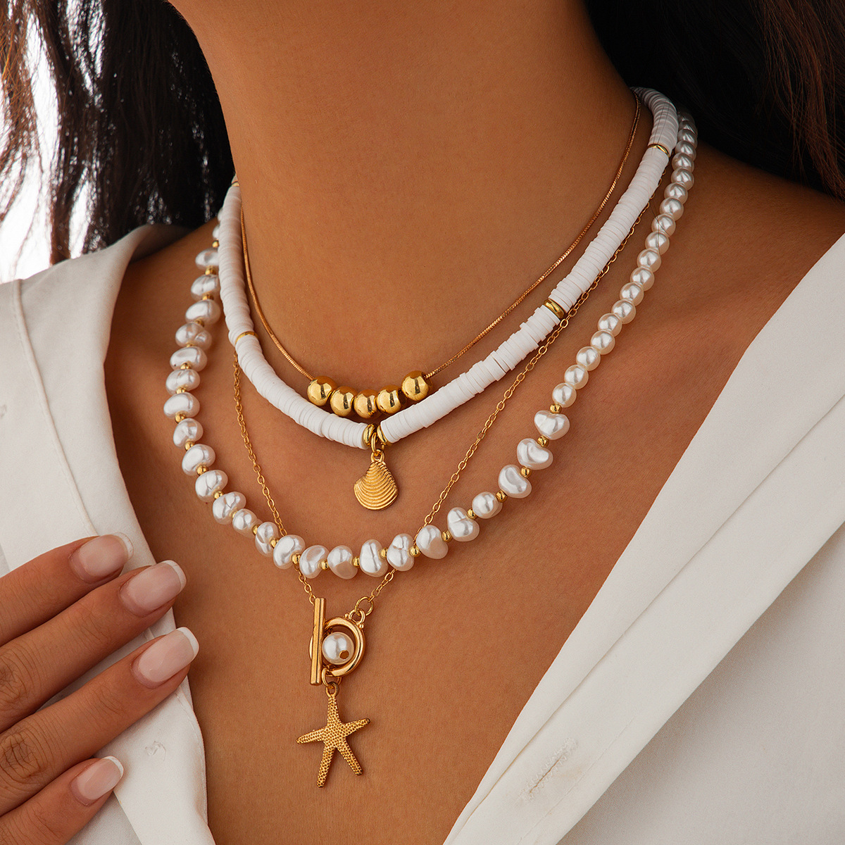 1 Set Quantity Bohemian Starfish Shell Imitation Pearl CCB Alloy Soft Clay Beaded Chain Cable Chain Layered Necklaces Wholesale