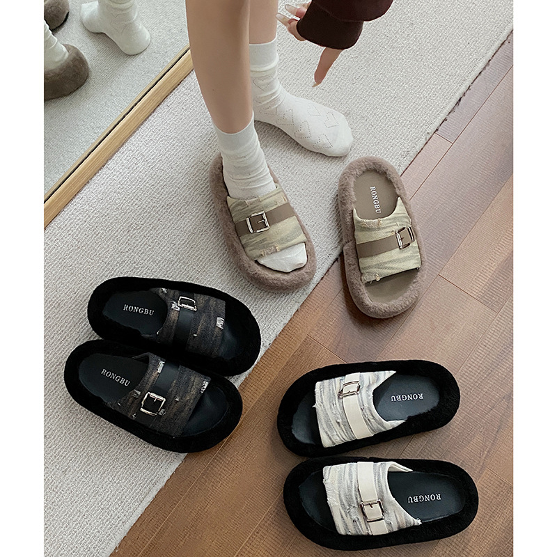 Internet Celebrity Hit Thick-soled Fur Slippers For Women To Wear As Outerwear In Autumn And Winter High-end Anti-slip Cotton Slippers