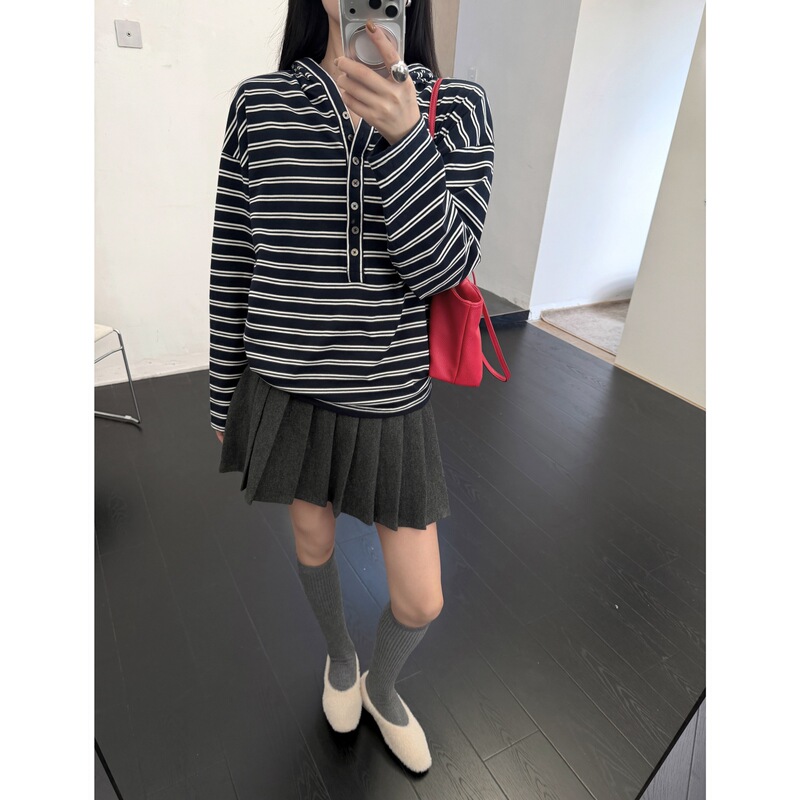 GAGD Women's Lightweight Striped T-Shirt with Hood and Button Detail, Natural Hem, Slightly Flared, Relaxed Fit, Drop Shoulder, Long Sleeve Striped Top GAGD Women's Lightweight Striped T-Shirt with Hood and Button Detail, Natural Hem, Slightly Flared, Relaxed Fit, Drop Shoulder, Long Sleeve Striped Top