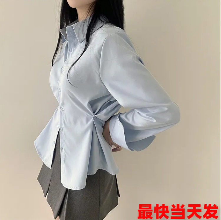 Korean Chic 2026 Spring and Summer New Fashion Side Button Waist-Cinching Slimming Look Lapel Long-Sleeved Pure Color Shirt for Women