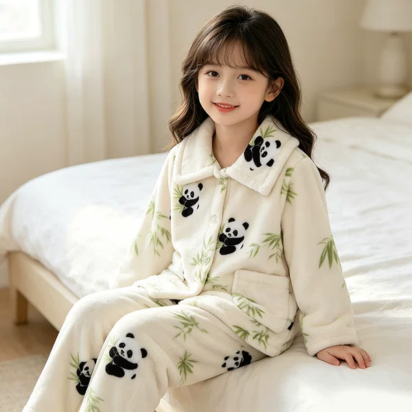 New Thickened Autumn and Winter Children's Flannel Pajamas for Girls and Boys, Medium and Large Children's Home Clothes, Drop Shipping