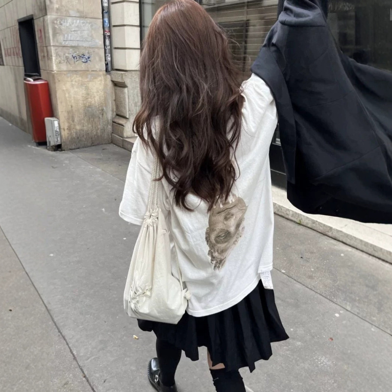 In Stock Korean Designer Fletta Sculpture Print Lazy Style Mid-Length Oversized Loose T-Shirt Women's Top In Stock Korean Designer Fletta Sculpture Print Lazy Style Mid-Length Oversized Loose T-Shirt Women's Top
