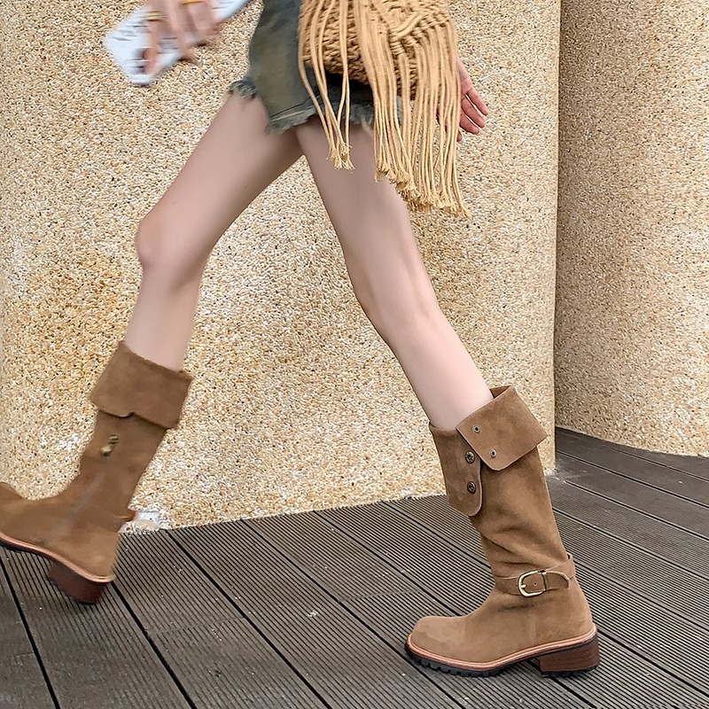 Bottes de cowboy pliables à deux vêtements pour femmes en automne et en hiver, rétro, bout rond givré, bottes de cowboy occidentales marron à talons mi-hauts, bottes longues_voghion.com