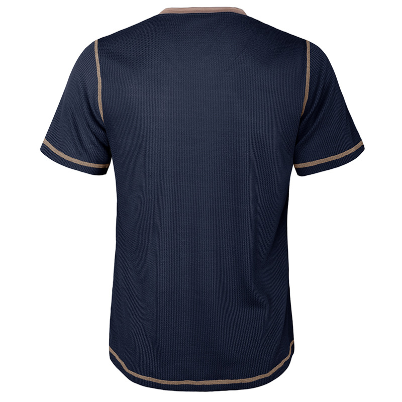 Herren 2023 Sommer Kurzarm Henley Shirt Schönes lässiges Retro T-Shirt Waffel Farbblock Rundhalsshirt_voghion.com