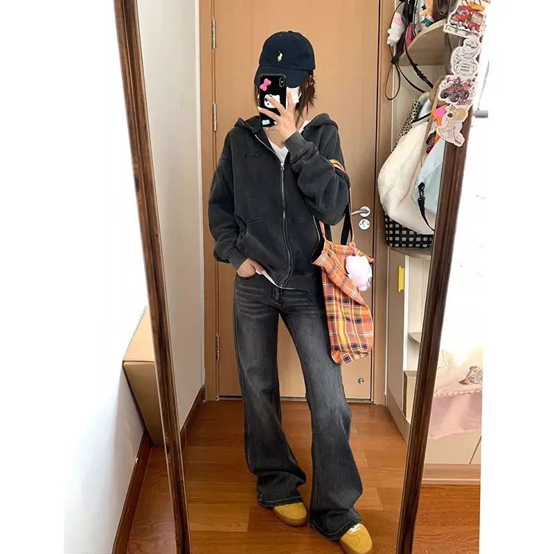 黑灰色连帽开衫卫衣女大码胖mm春秋美式薄款小众短款运动外套冬季|undefined