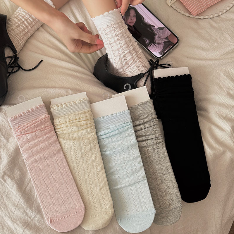 Creamy Sweet Style Mid-Calf Socks for Girls, Thin and Breathable for Spring and Summer, Trendy Ins-Style Japanese Soft Girl Solid Color Lace Ruffle Socks Creamy Sweet Style Mid-Calf Socks for Girls, Thin and Breathable for Spring and Summer, Trendy Ins-Style Japanese Soft Girl Solid Color Lace Ruffle Socks