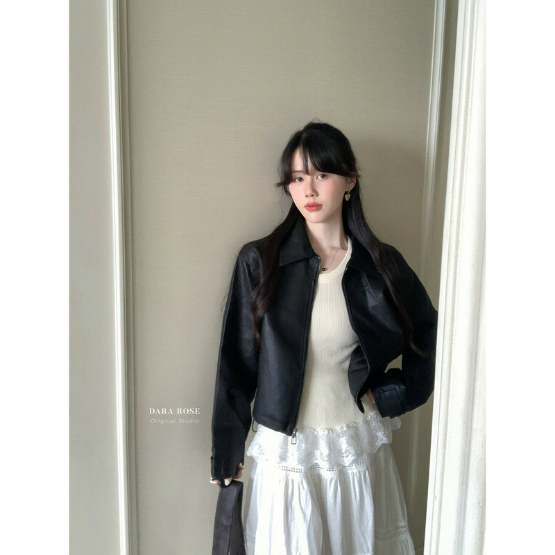 DARA ROSE-韩系百搭时髦黑色翻领纯色洋气简约皮衣P3979|undefined