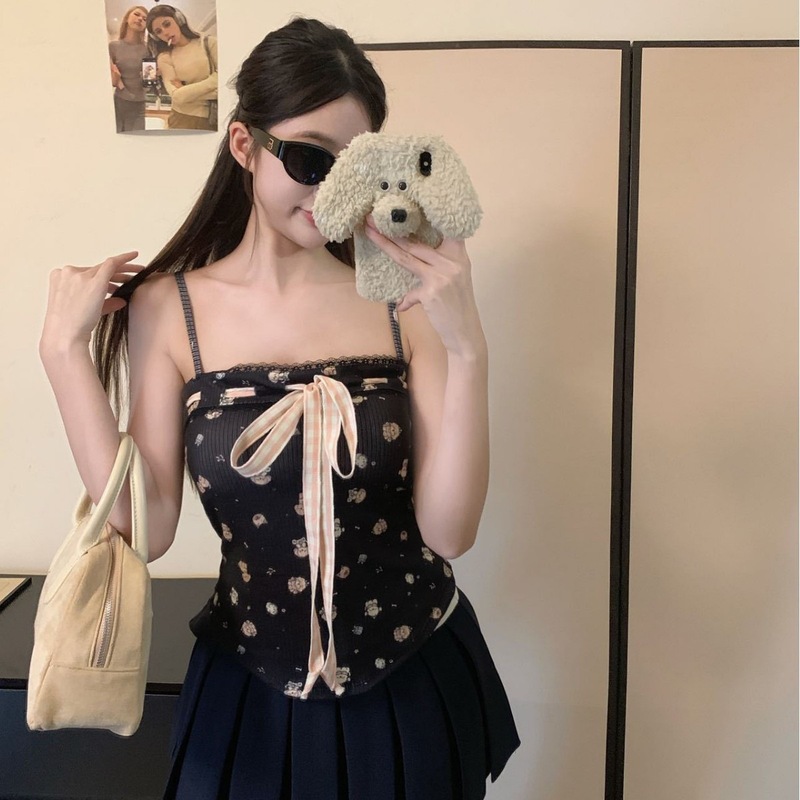 66029#夏季新款蕾丝花边背心甜美少女蝴蝶结短款美背吊带上衣女|undefined