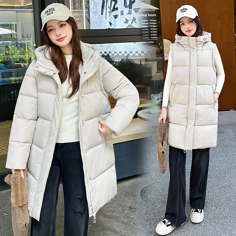 2025 nueva mujer de invierno desmonta las mangas dos chalecos de algodón de mujer coreana suelta larga chaqueta con capuz