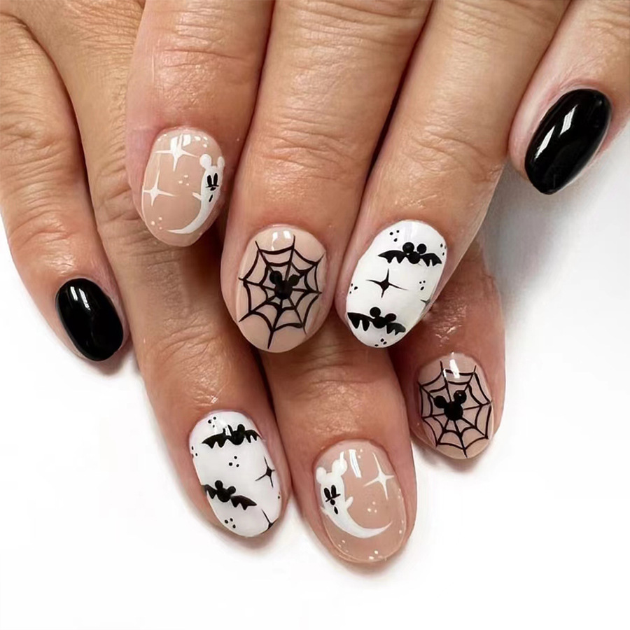 Halloween False Nails Spider Web Bat Ghost Print Oval Shape 48pcs_voghion.com