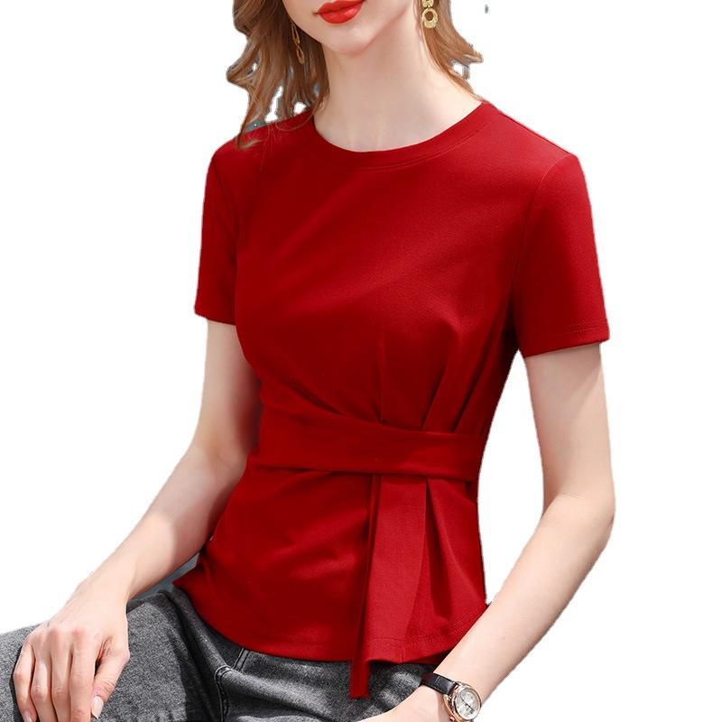 Camiseta de manga corta para mujer verano 2023 nueva Camiseta de algodón de cuello redondo de color sólido para mujer diseño ajustado a la cintura paraguas TOP que cubre el vientre image 6