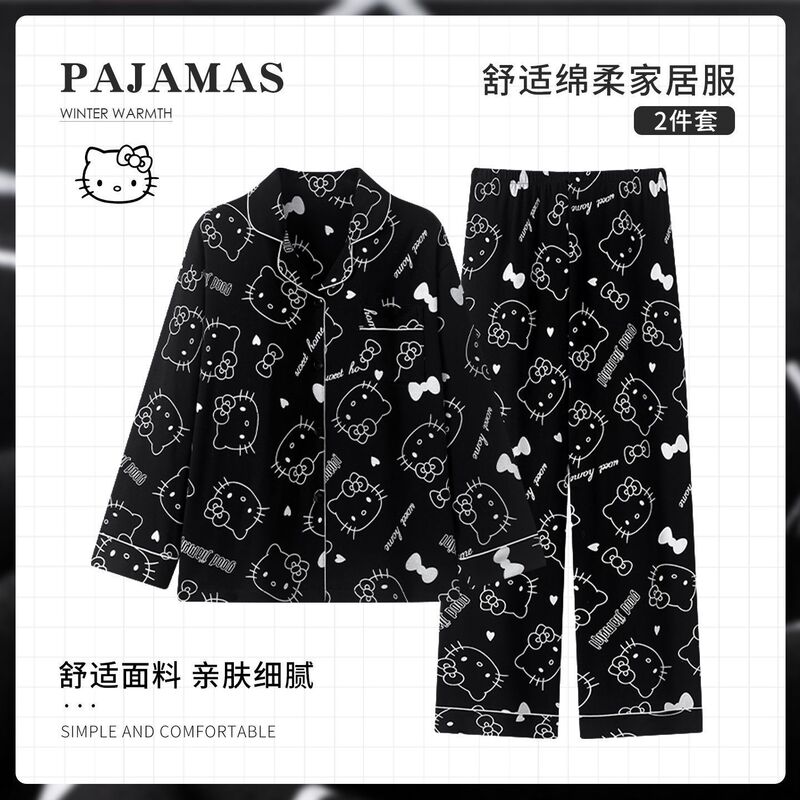 条纹睡衣女长袖长裤全棉卡通猫咪网红家居服纯棉外穿家居服套装|undefined